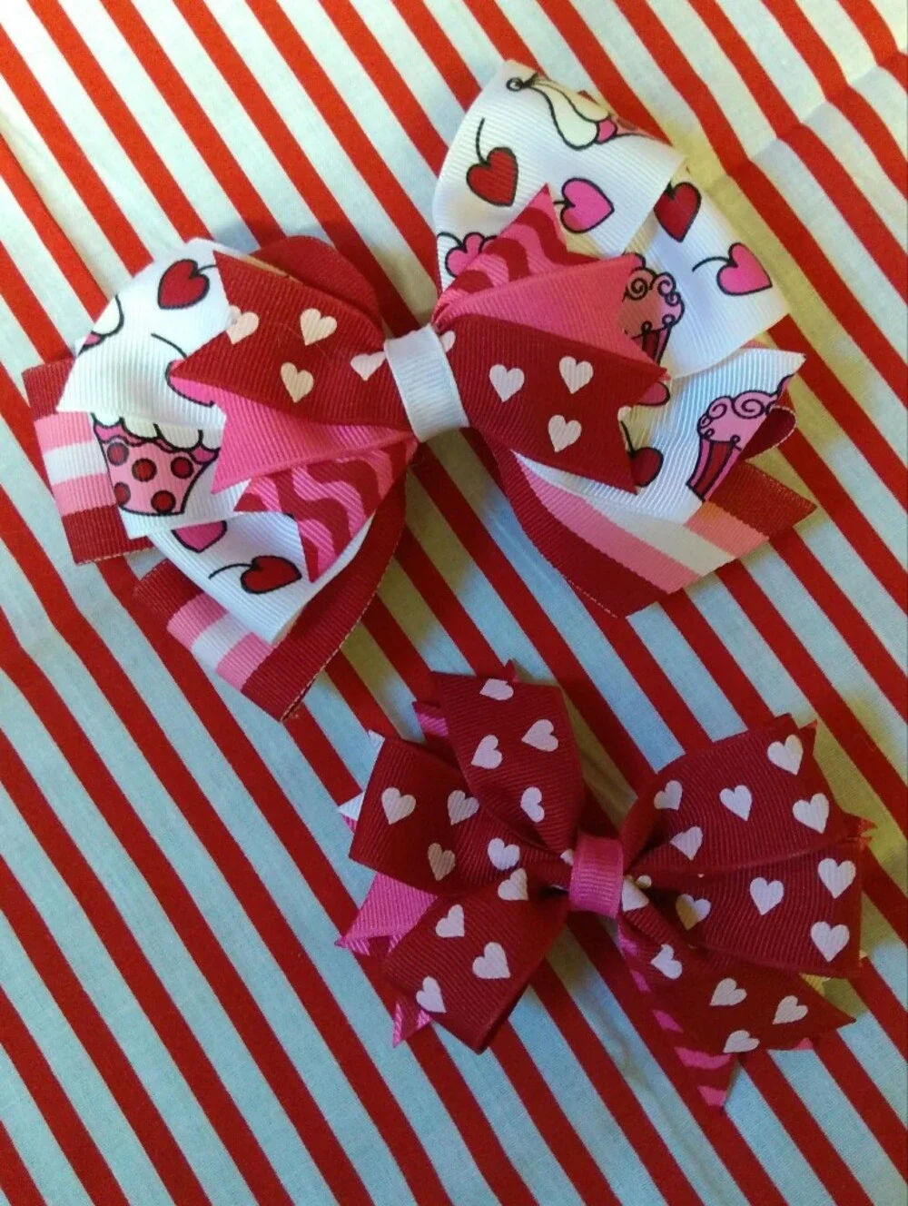 Handmade Boutique Valentine Cupcake Stacked Hair Bows 🎀🩷